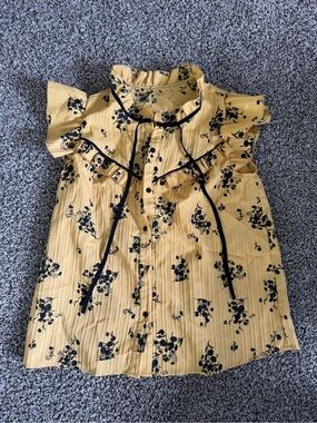 SHEIN Yellow Floral Knit Tie-Neck Top
